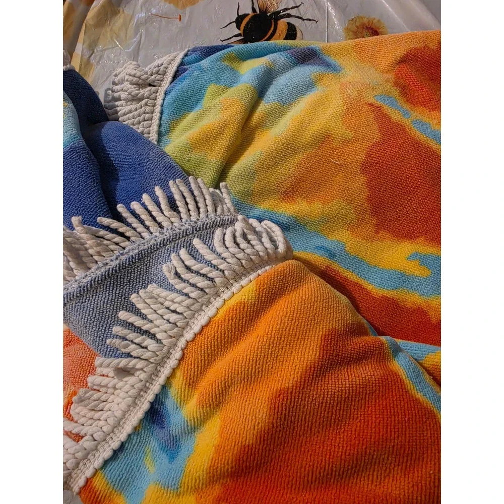 Round Abstract Tie Dye Beach Towel Blue Orange Yellow Tassel Fringe 60 Inch
